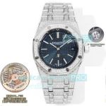 OMF Super Clone Iced Out Audemars Piguet Ultra-Thin Royal Oak Blue Dial Cal.7121 Diamond Watch 